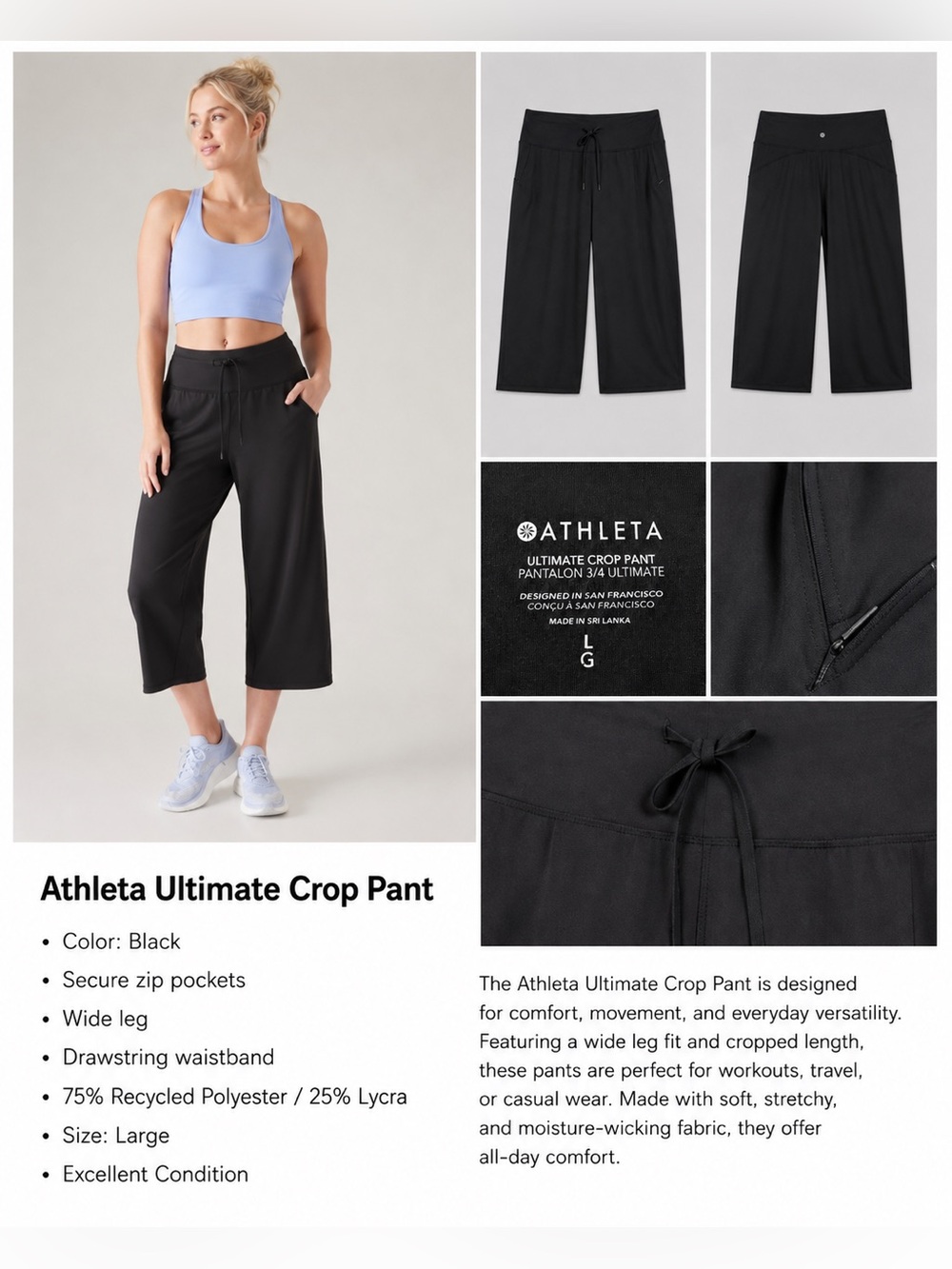 Athleta Ultimate Crop Pant Black Wide Leg Drawstring Zip Pockets Size Large